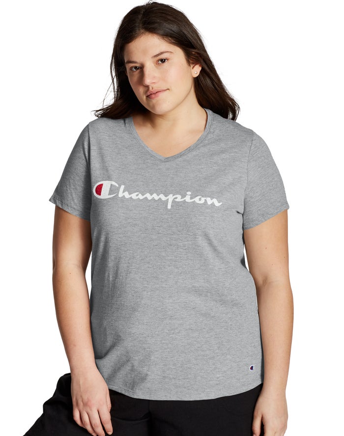 Champion Plus Jersey V-Neck Script Logo T-Shirt Dames - Grijs - Belgie 7405UJLVZ